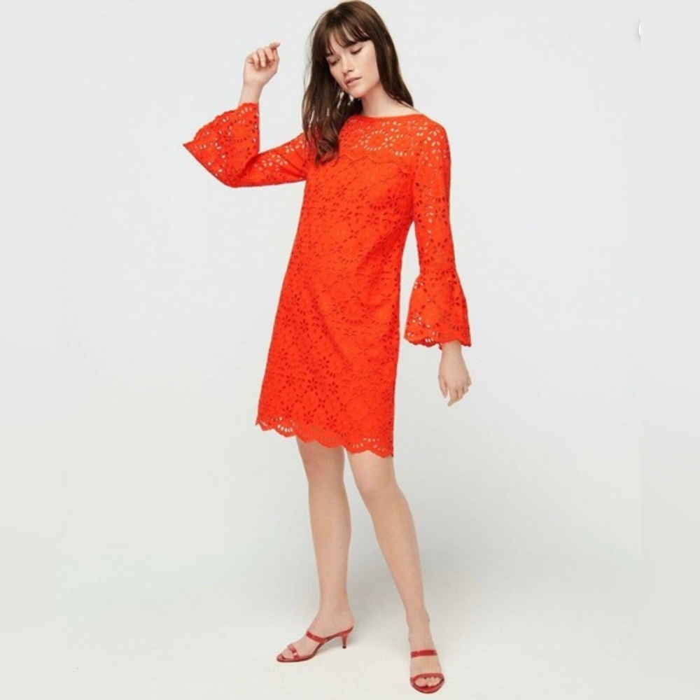 NWT J Crew Bell Sleeve Dress In Embroidered Eyelet Sunset Orange Sz 8